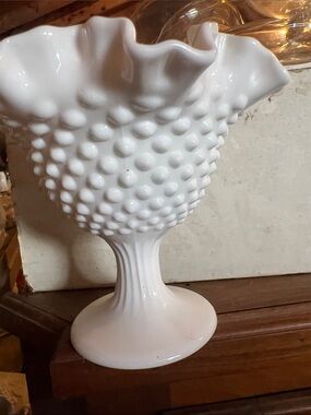 Vintage White Hobnail Pedestal Vase -